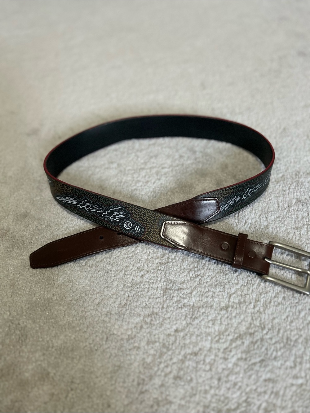 Men's Brown Leather-Trim Woven Pattern Belt - Green Pattern